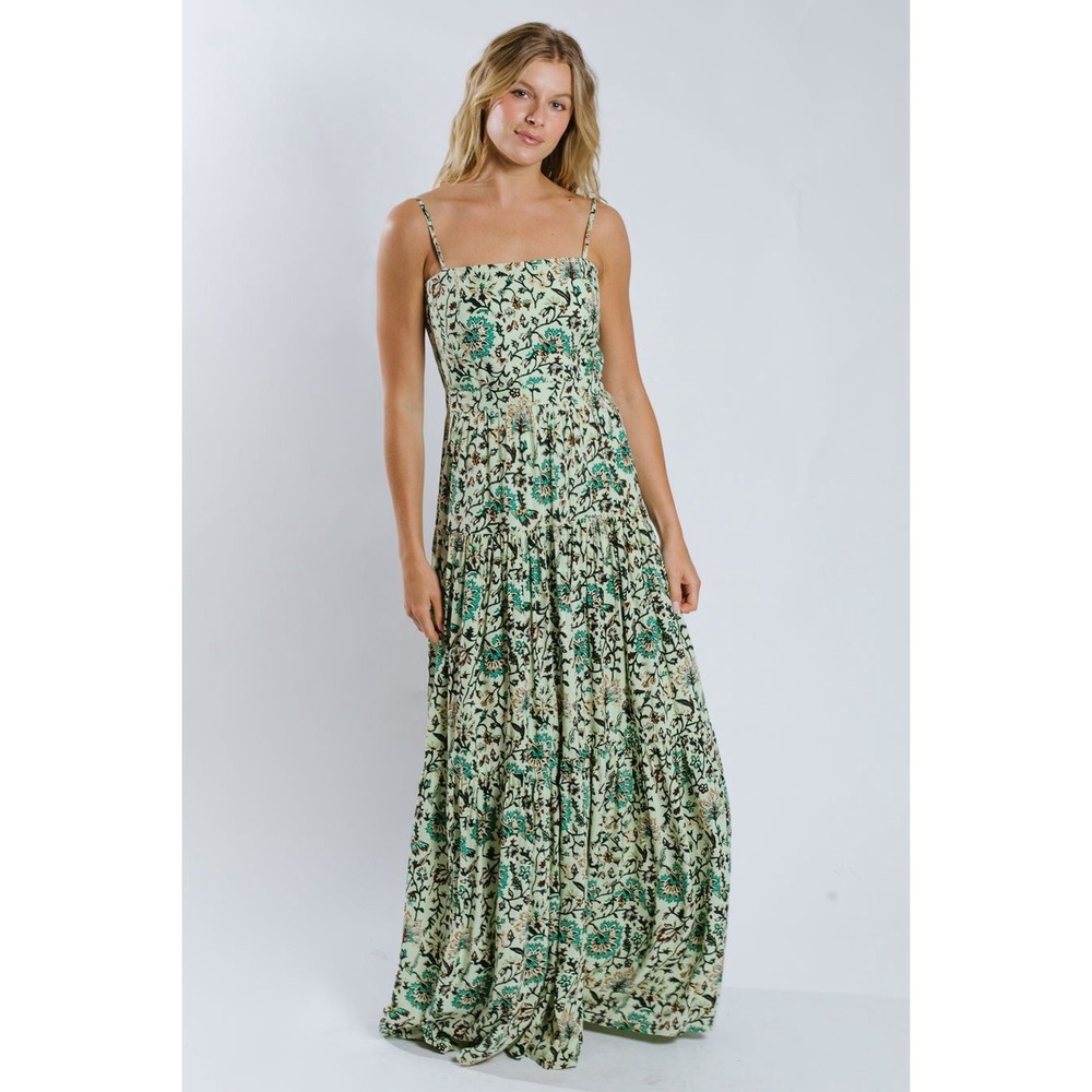RAGA Deema Tiered Floral Romantic Bohemian Green Maxi Dress Sz Small